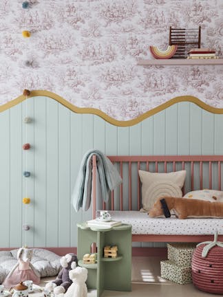 Wallpaper: Lovers’ Toile – Blush, Shelf - Light Peachblossom, Stripe – Bassoon, Panelling - Aquamarine – Mid, Bench/Skirting – Blush