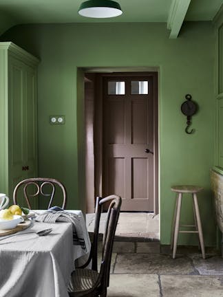 Ceiling: Pea Green, Walls & Cupboards: Garden, Inside Cupboard: Dock Blue, Far Walls & Door: Scullery