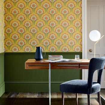 Study with Hencroft Punch yellow wallpaper above plain green walls in Jewel Beetle