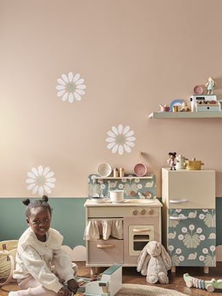 Upper Wall - Masquerade, Lower Wall - Pleat, Flower Detail - Shirting and Normandy Grey, Mini Kitchen: Burges Snail – Ocean 