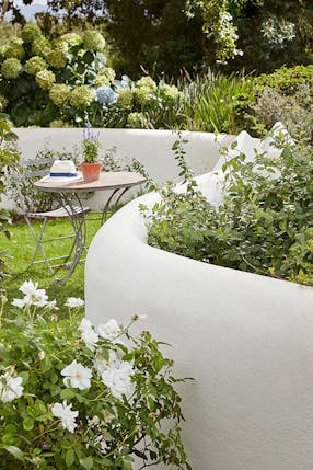 Verdant green garden with a low curved wall painted in Cool Arbour white paint leading to a small outdoor table. 