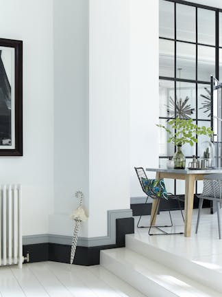 Walls: Loft White Skirting (from top to bottom): Urbane Grey & Lamp Black Flooring: Shallows